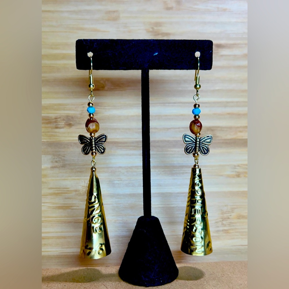 Handcrafted Brass and Bead Butterfly Earrings with jingle